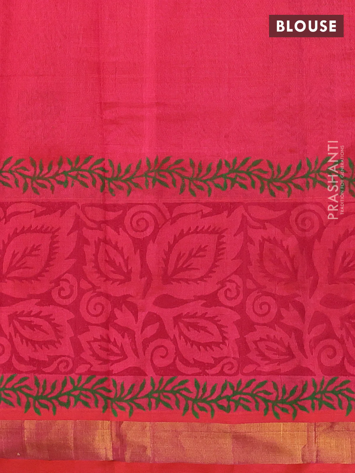 Silk cotton block printed saree pinkish orange with prints and long printed zari woven border - Image 3
