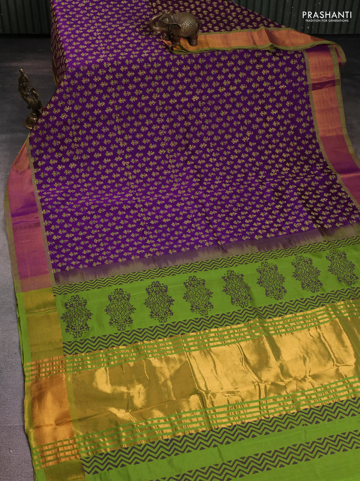 Silk cotton block printed saree purple and light green with allover butta prints and zari woven border - Image 2