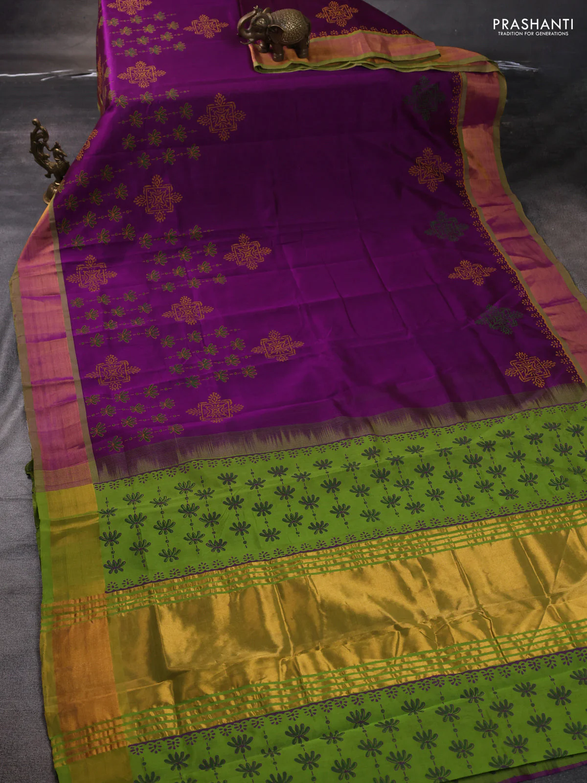 Silk cotton block printed saree purple and light green with allover prints and zari woven border - Image 2