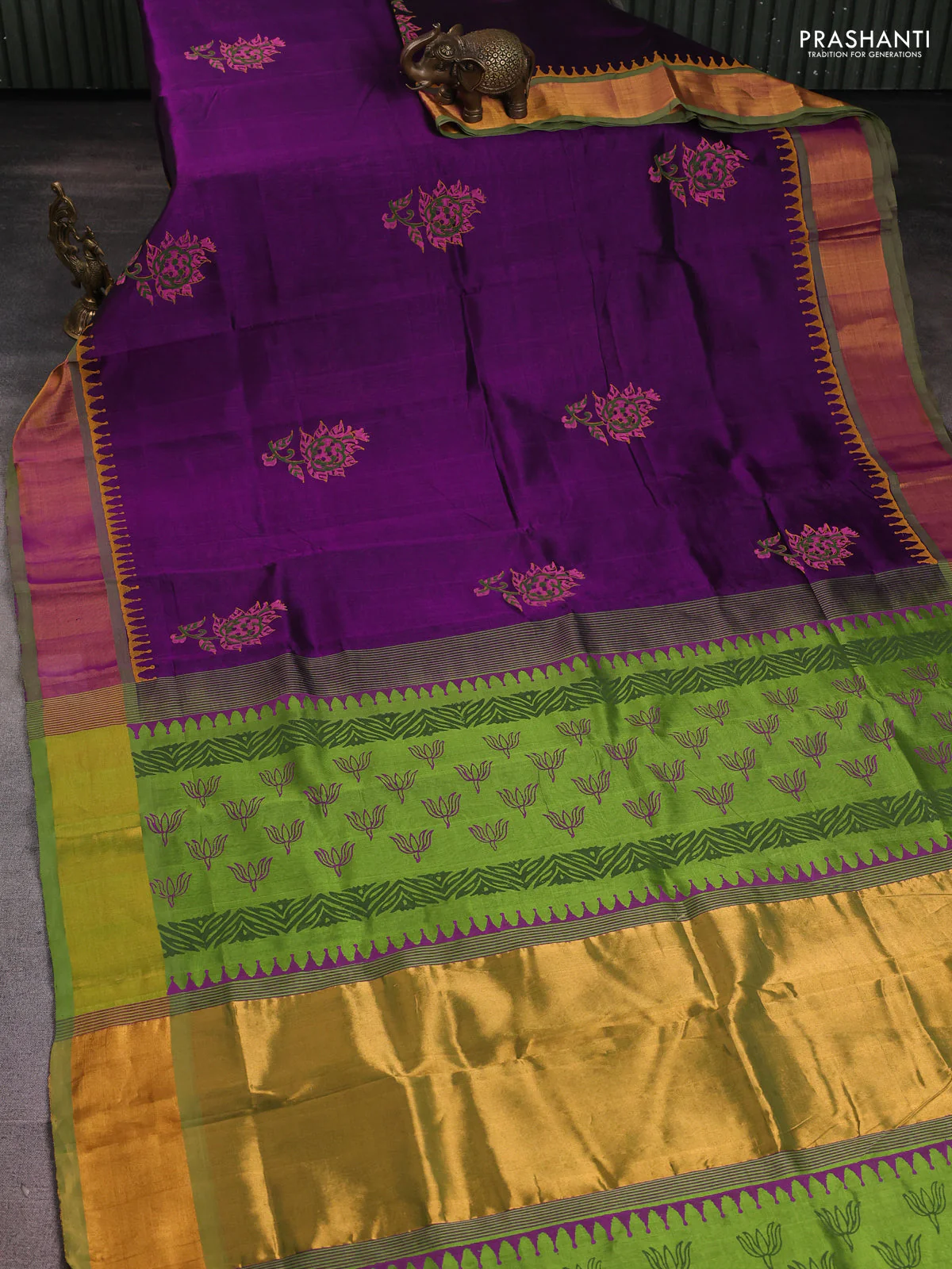 Silk cotton block printed saree purple and light green with butta prints and zari woven border - Image 2