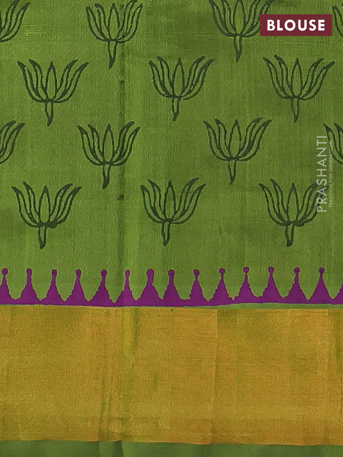 Silk cotton block printed saree purple and light green with butta prints and zari woven border - Image 3