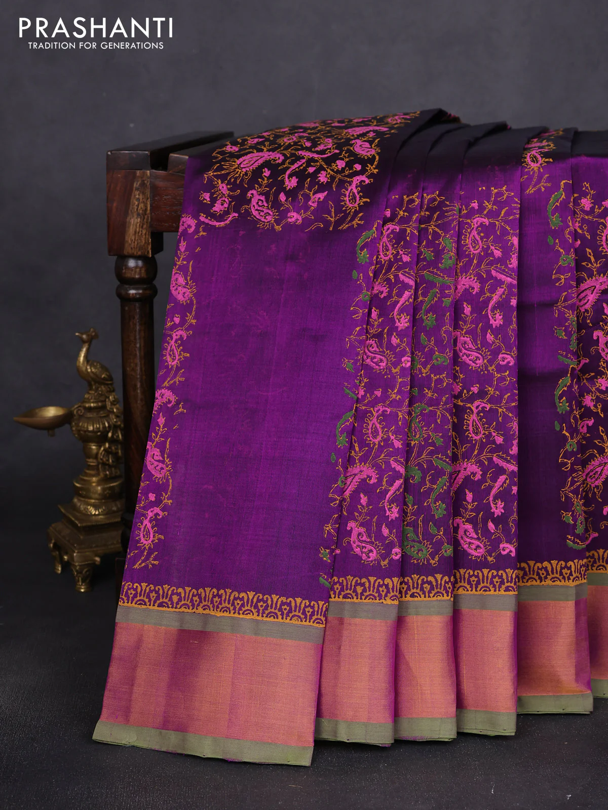 Silk cotton block printed saree purple and light green with prints and zari woven border