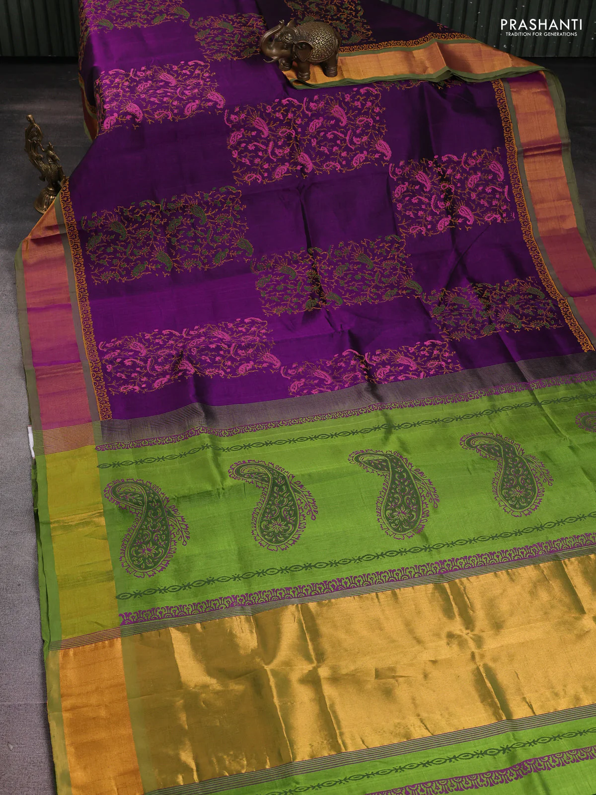 Silk cotton block printed saree purple and light green with prints and zari woven border - Image 2