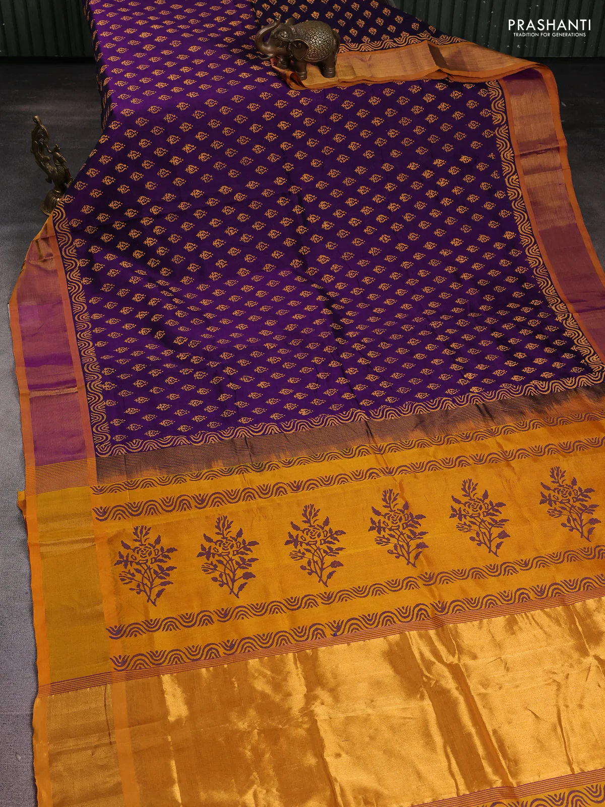 Silk cotton block printed saree purple and mustard yellow with allover butta prints and zari woven border - Image 2