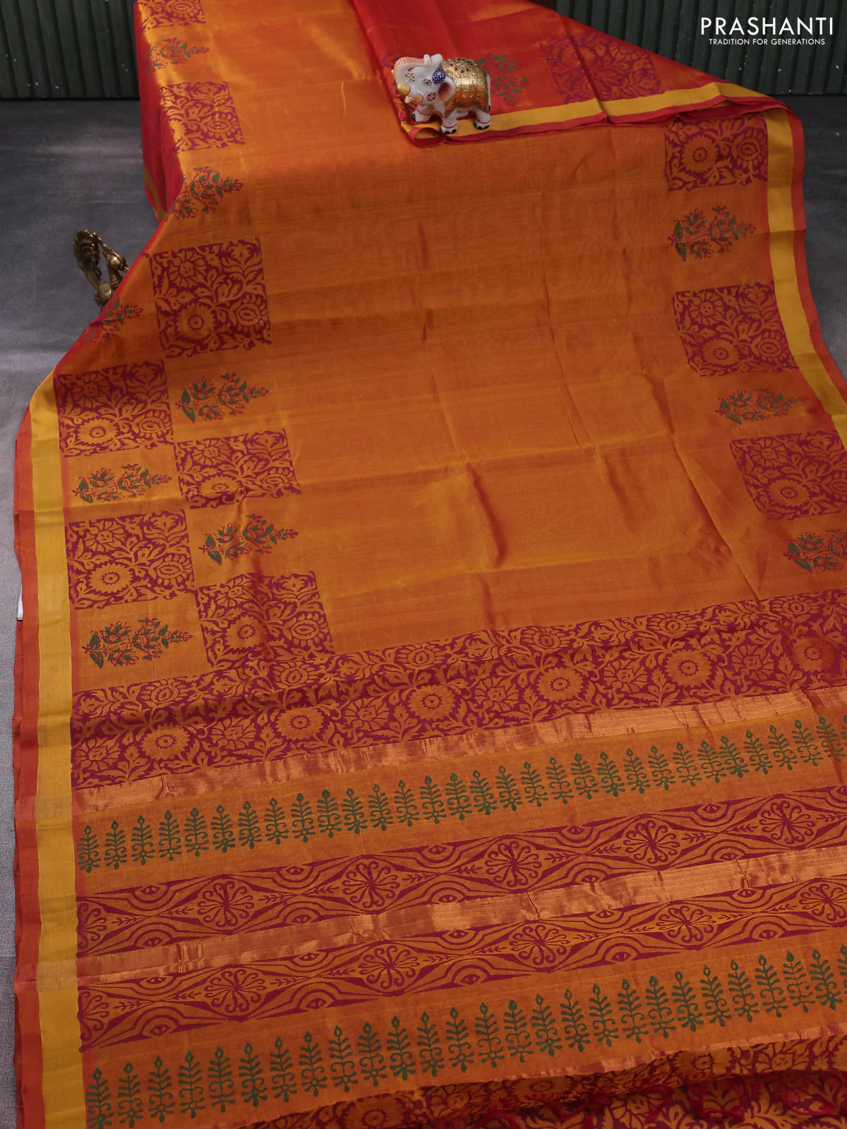 Silk cotton block printed saree sunset orange with allover prints and zari woven border - Image 2
