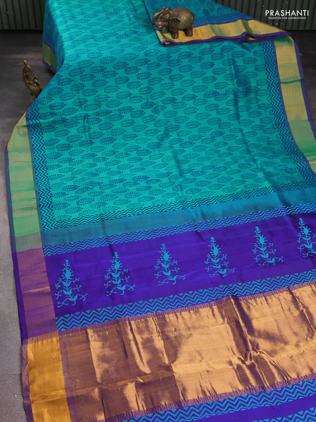 Silk cotton block printed saree teal blue and violet with allover butta prints and zari woven border - Image 2
