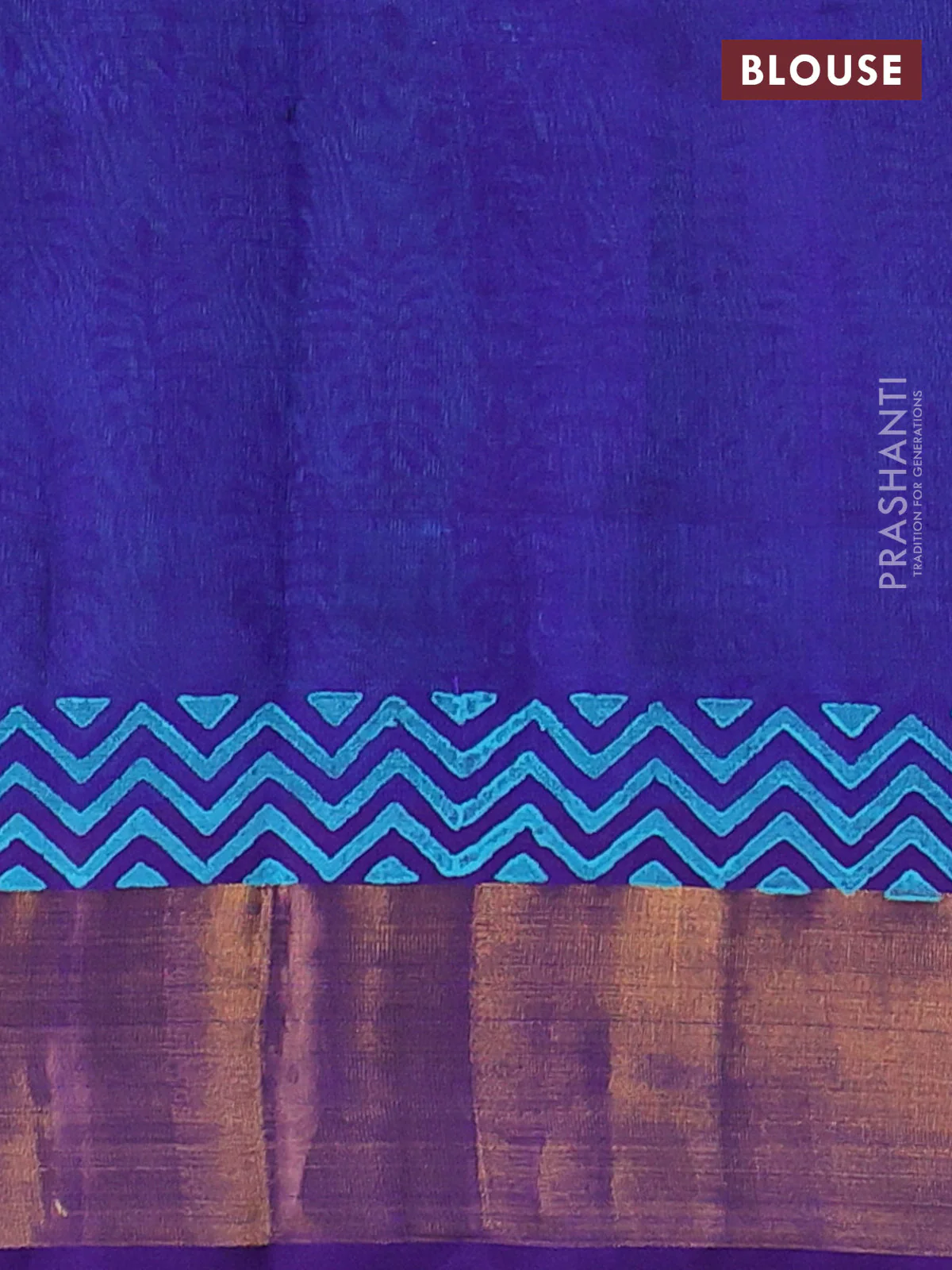 Silk cotton block printed saree teal blue and violet with allover butta prints and zari woven border - Image 3