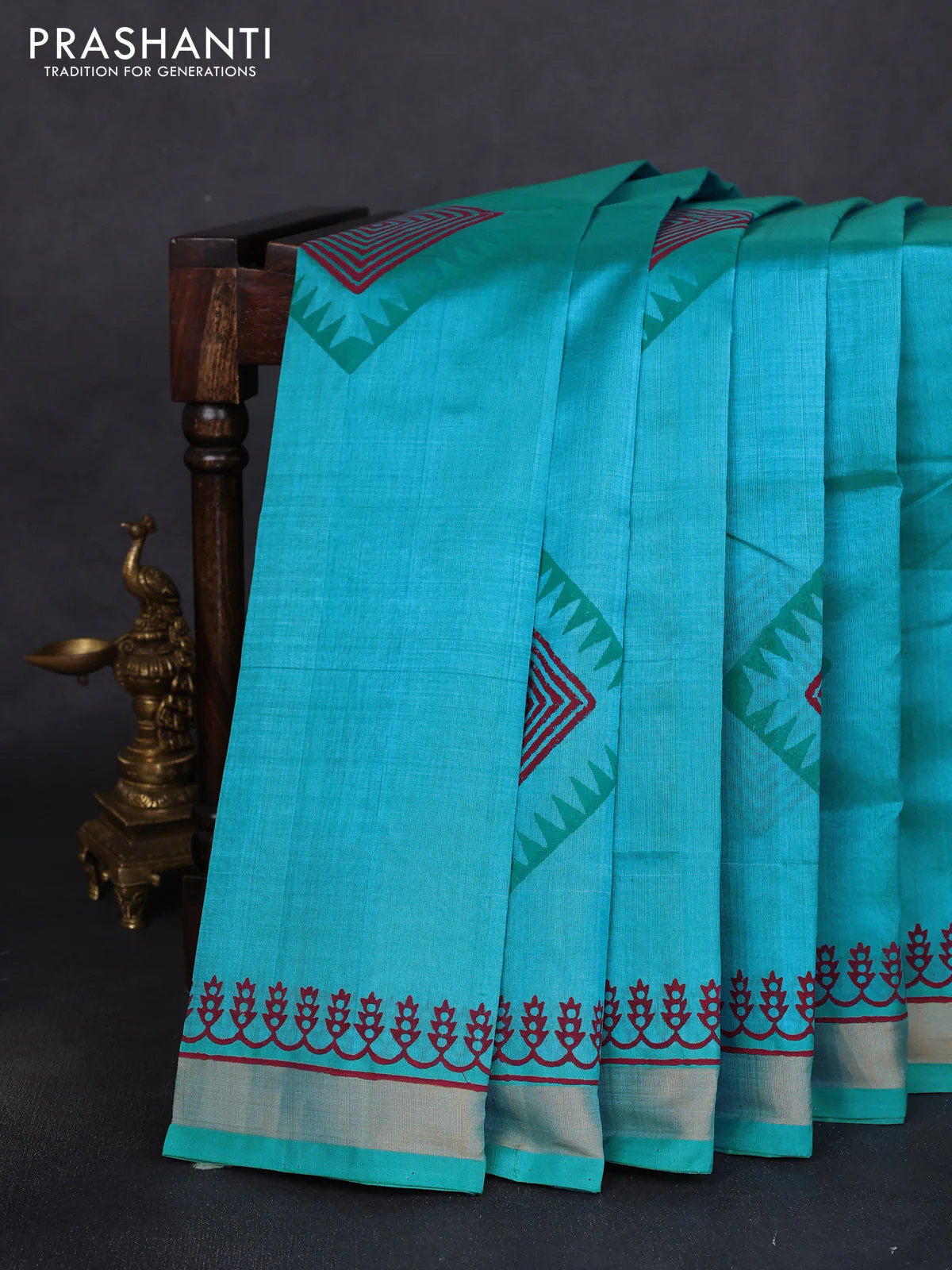 Silk cotton block printed saree teal blue with butta prints and zari woven border