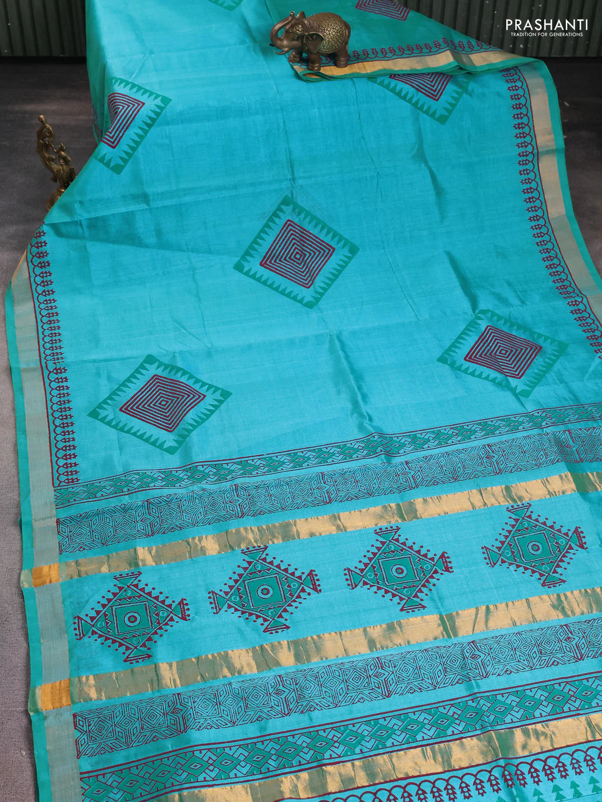 Silk cotton block printed saree teal blue with butta prints and zari woven border - Image 2