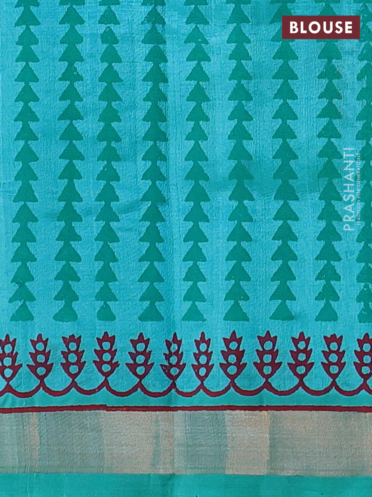 Silk cotton block printed saree teal blue with butta prints and zari woven border - Image 3