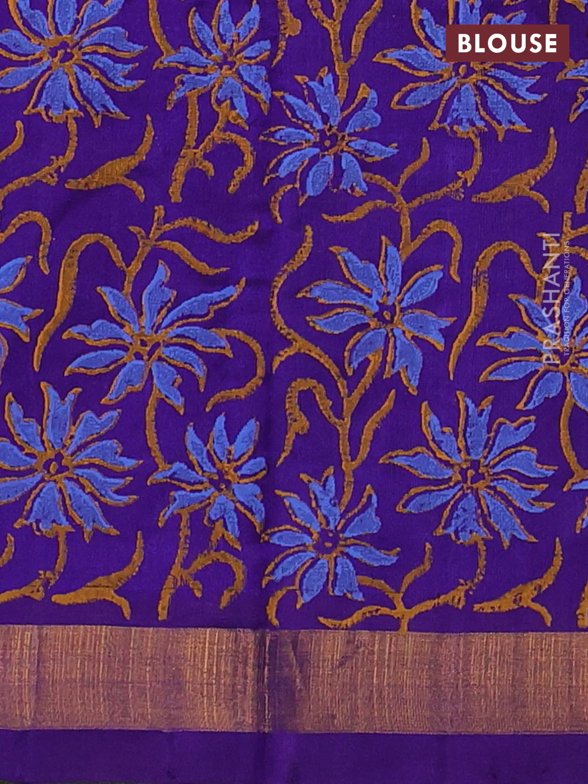Silk cotton block printed saree violet with butta prints and long printed zari woven border - Image 3