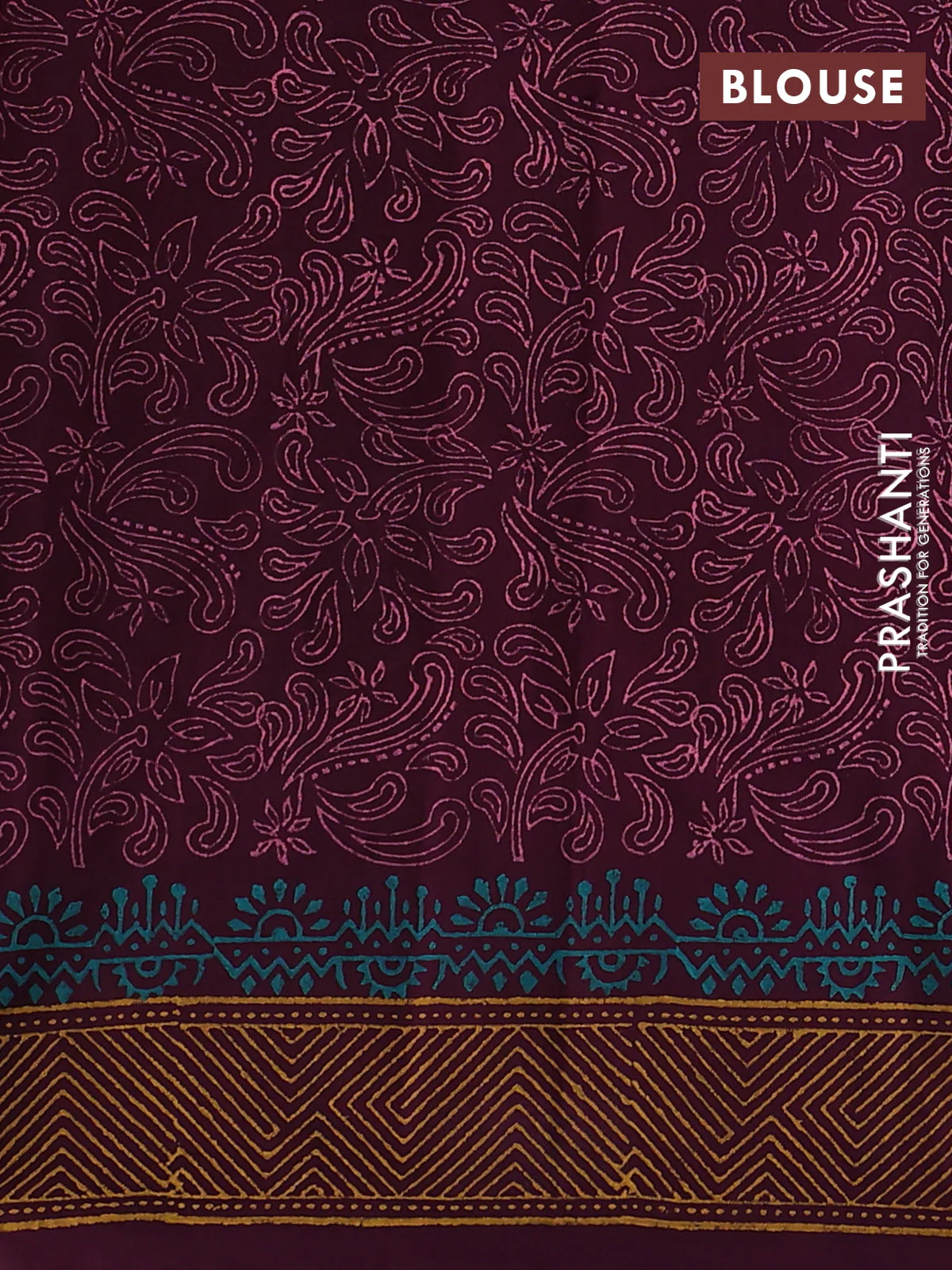 Silk cotton block printed saree wine shade and witgh peacock butta prints and printed border - Image 3