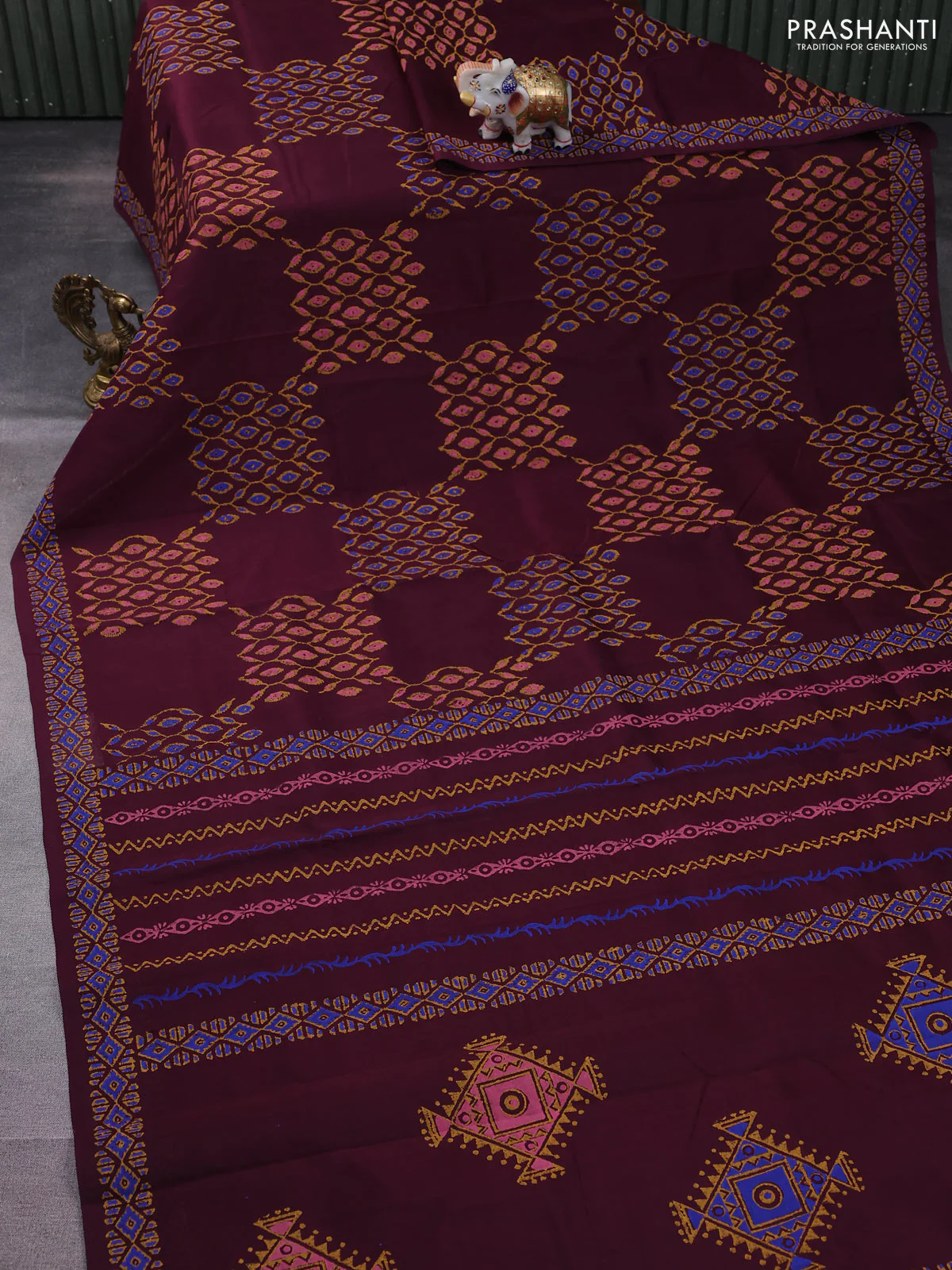 Silk cotton block printed saree wine shade with allover prints and printed border - Image 2