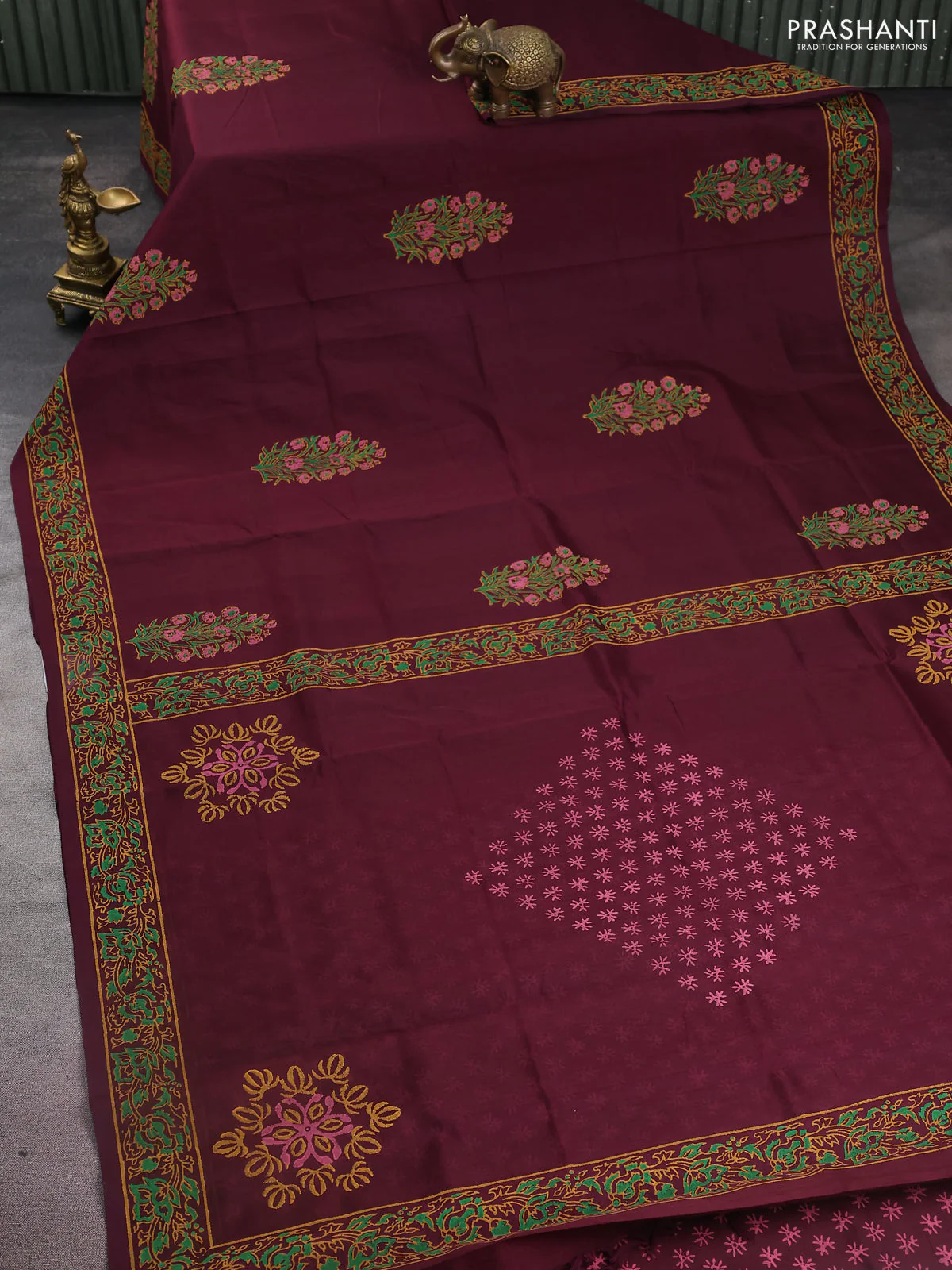 Silk cotton block printed saree wine shade with butta prints and printed border - Image 2