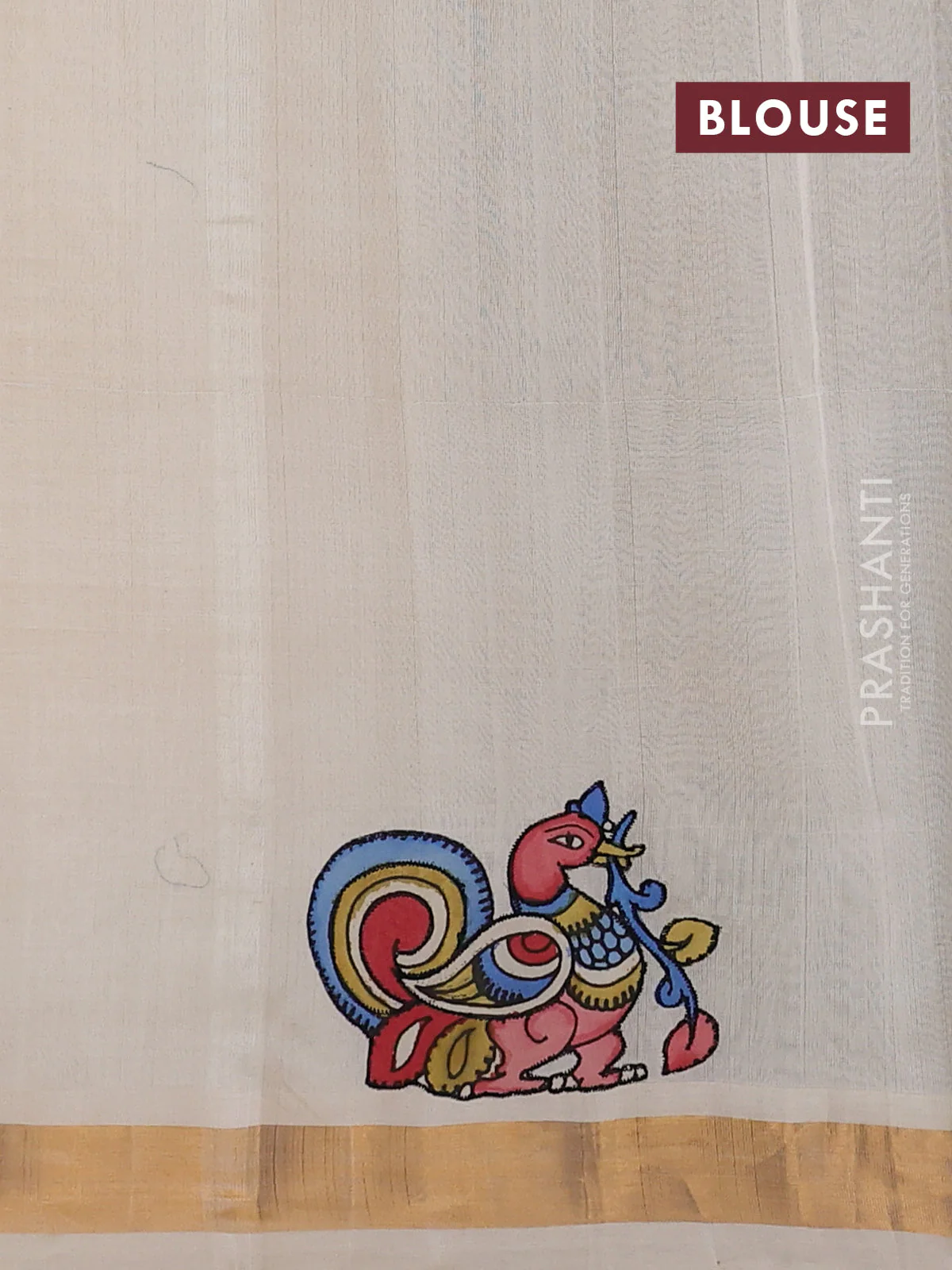 Silk cotton saree beige with kalamkari applique work and zari woven border - Image 3