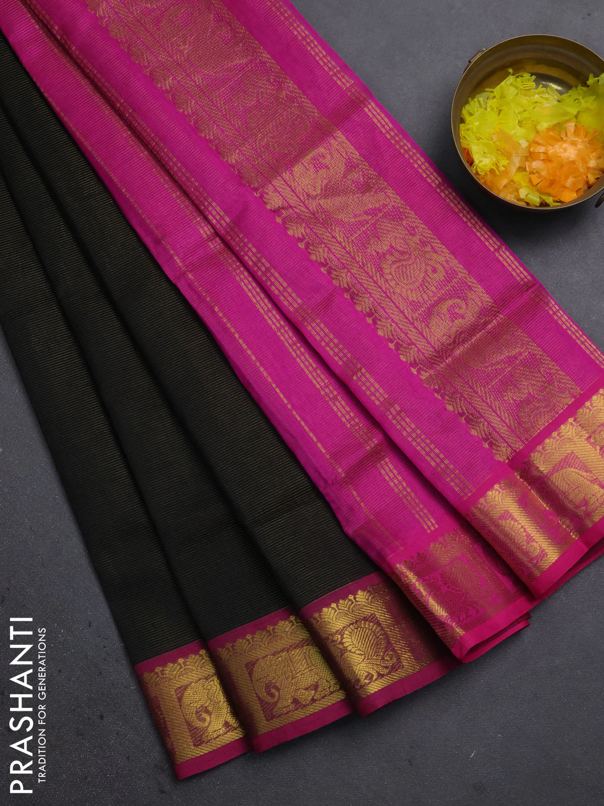 Silk cotton saree black and magenta pink with allover vairosi pattern and annam & elephant zari woven border