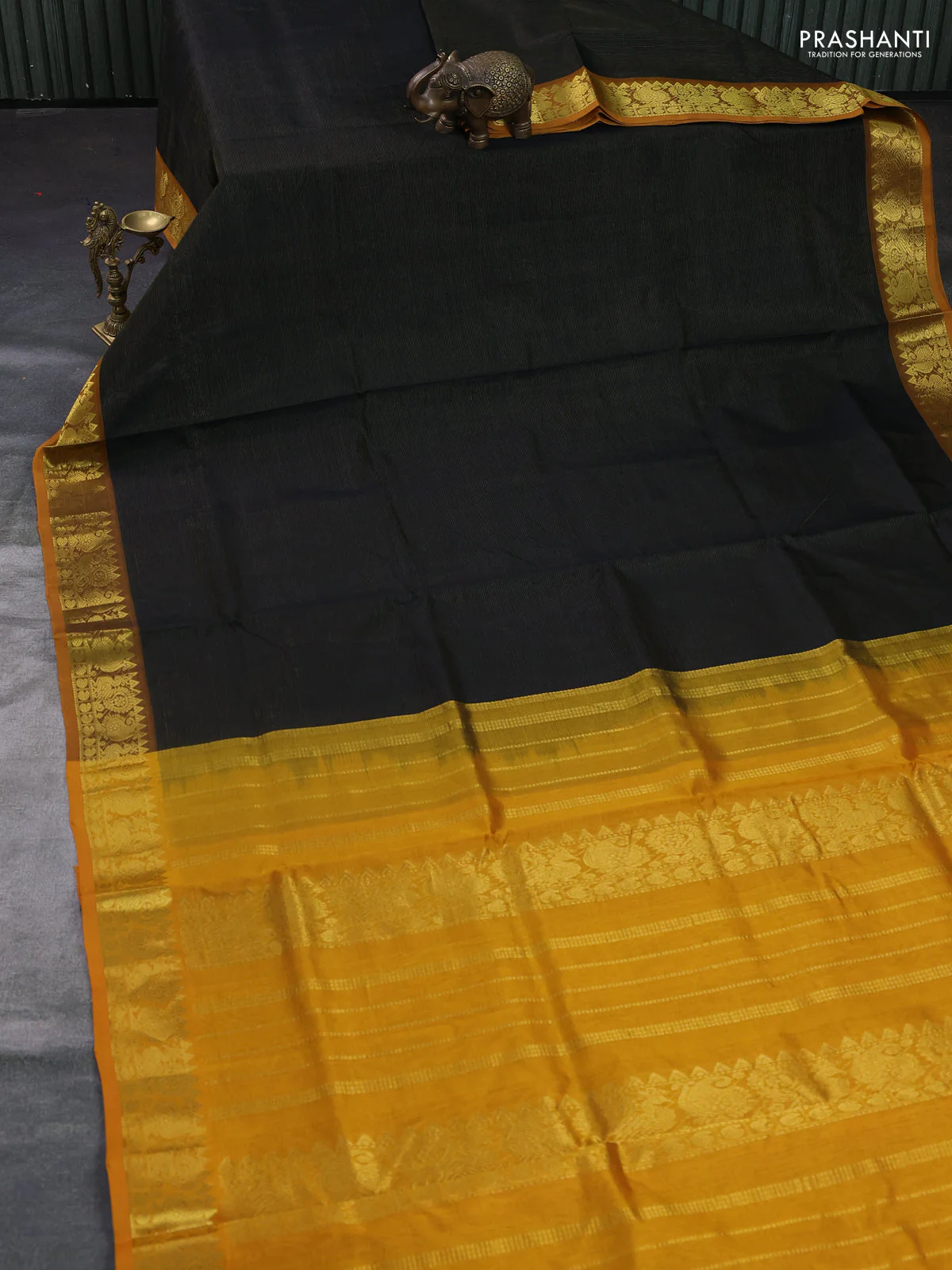 Silk cotton saree black and mustard yellow with allover vairosi pattern and annam zari woven border - Image 2