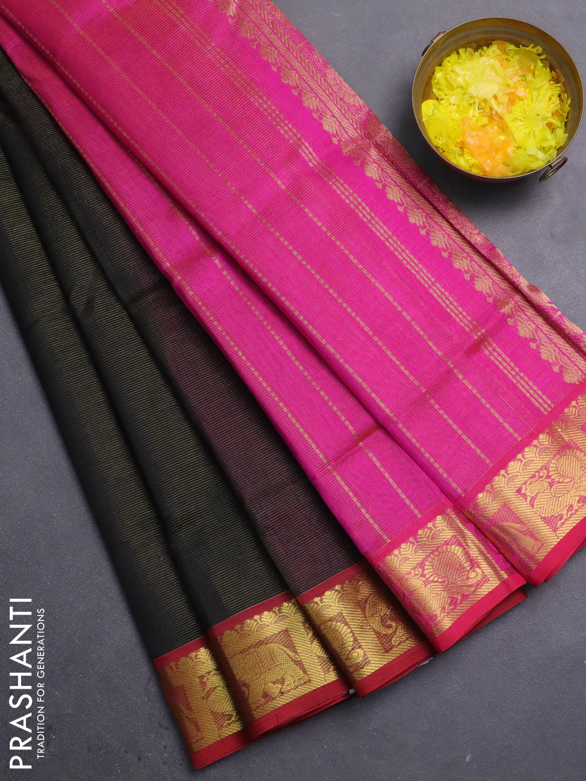 Silk cotton saree black and pink with allover vairosi pattern and zari woven border