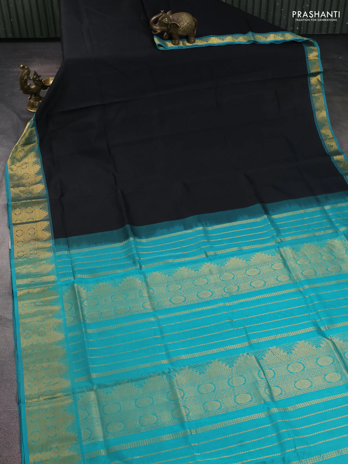 Silk Cotton saree black and teal blue with plain body and zari woven border - Image 2