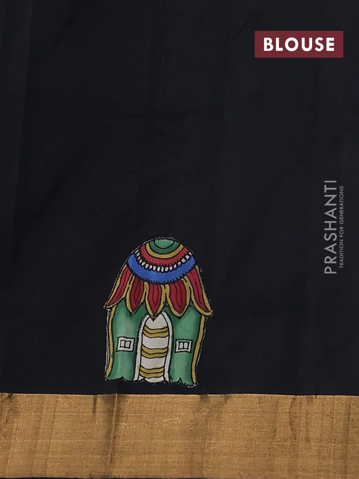 Silk cotton saree black with kalamkari applique work and zari woven border - Image 3