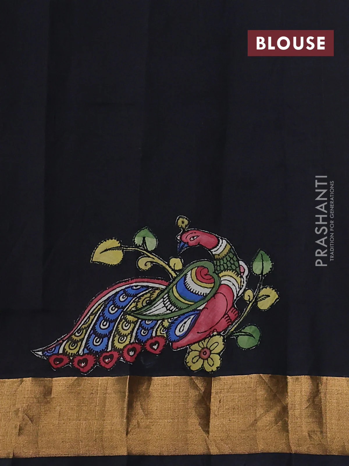 Silk cotton saree black with kalamkari applique work and zari woven border - Image 3