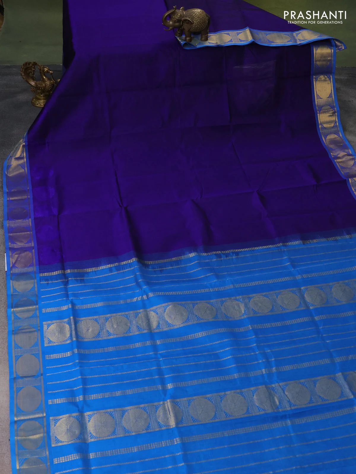 Silk cotton saree blue and cs blue with plain body and rudhraksha zari woven border - Image 2