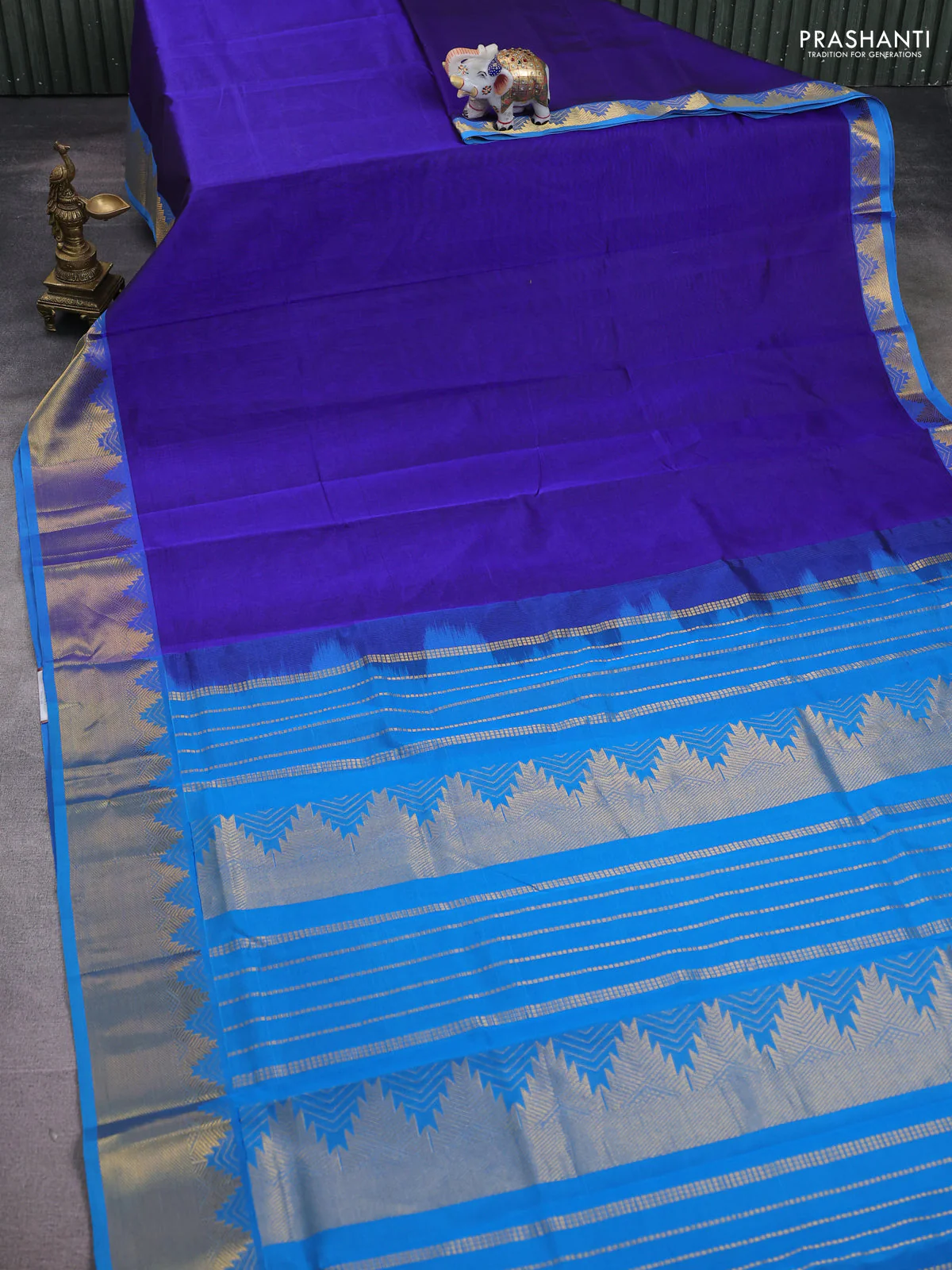 Silk cotton saree blue and cs blue with plain body and temple zari woven border - Image 2