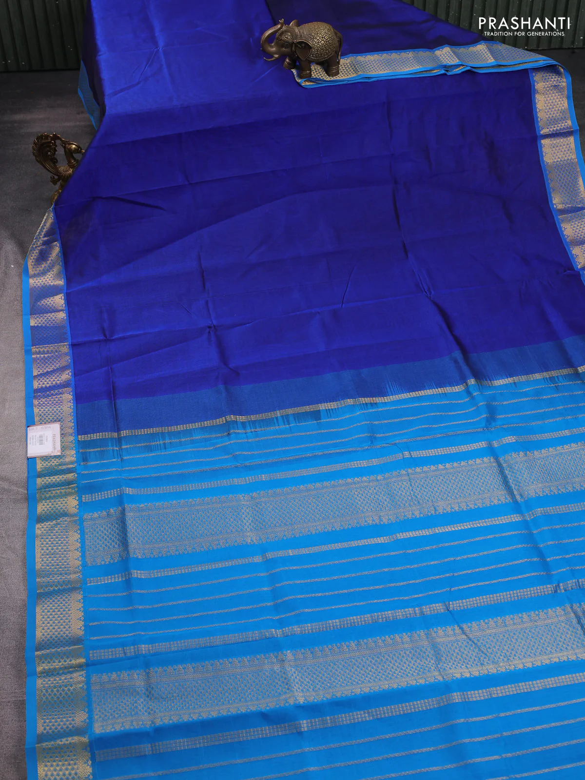 Silk cotton saree blue and cs blue with plain body and zari woven border - Image 2