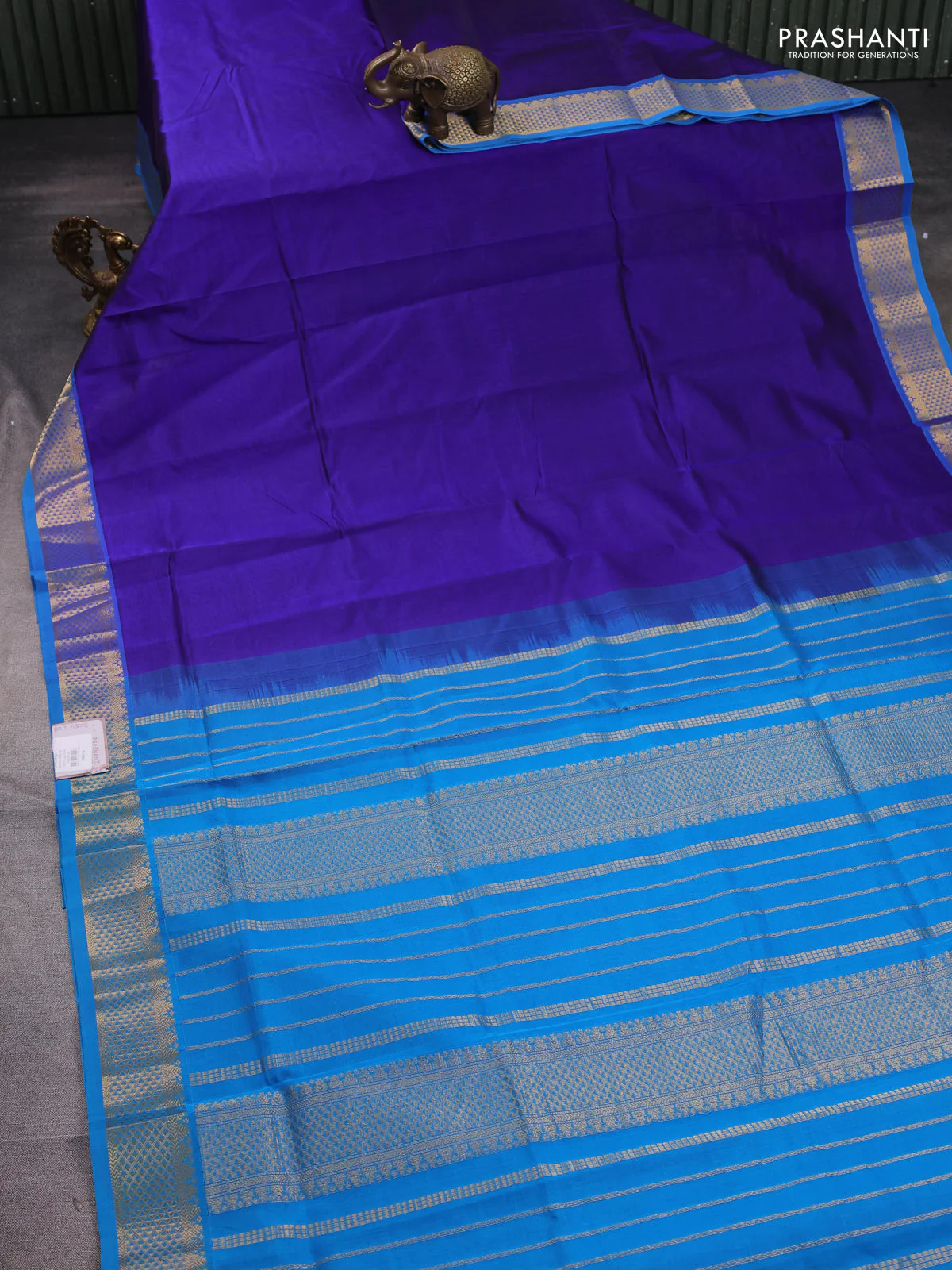 Silk cotton saree blue and cs blue with plain body and zari woven border - Image 2