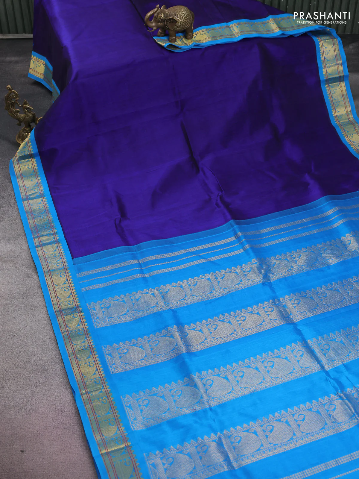 Silk cotton saree blue and cs blue with plain body and zari woven korvai border - Image 2