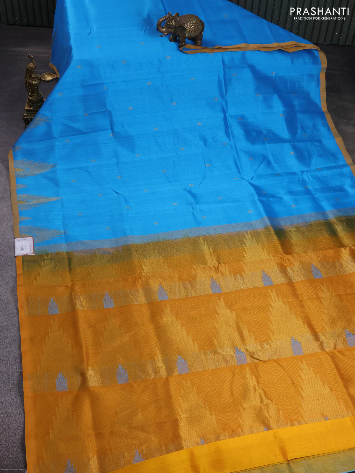 Silk cotton saree blue and dark mustard with zari woven buttas and temple design zari woven butta border - Image 2