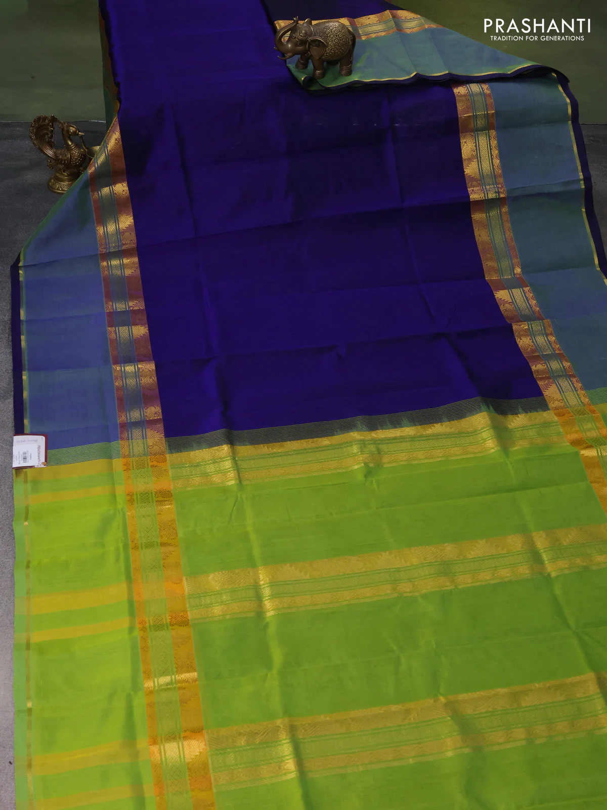 Silk cotton saree blue and light green with plain body and temple design rettapet zari wove border - Image 2