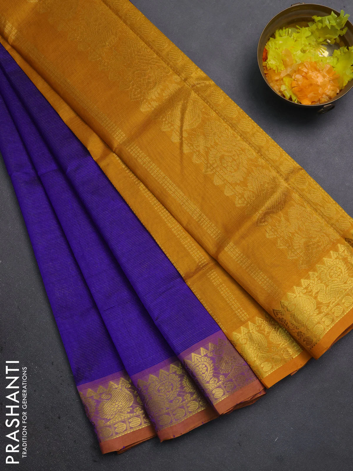 Silk cotton saree blue and mango yellow with allover vairosi pattern and zari woven border