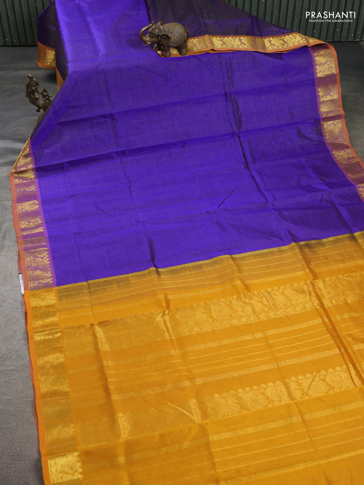 Silk cotton saree blue and mango yellow with allover vairosi pattern and zari woven border - Image 2
