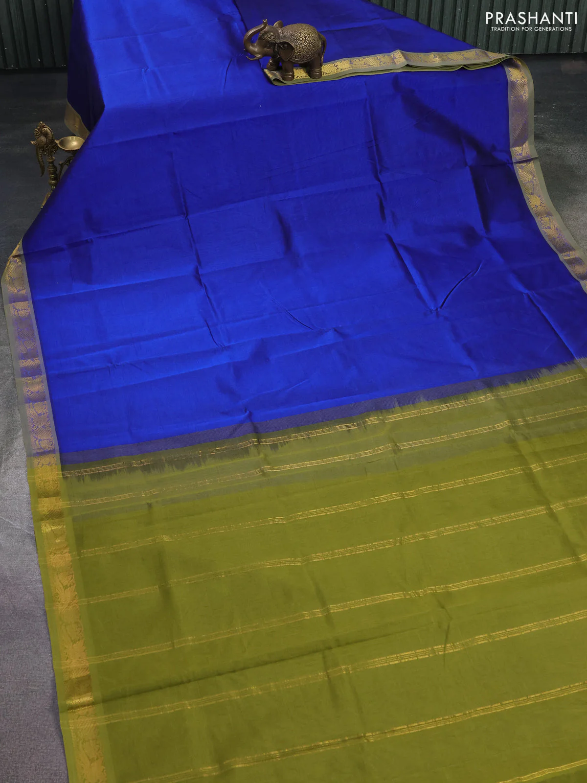 Silk cotton saree blue and mehendi green with plain body and zari woven border - Image 2