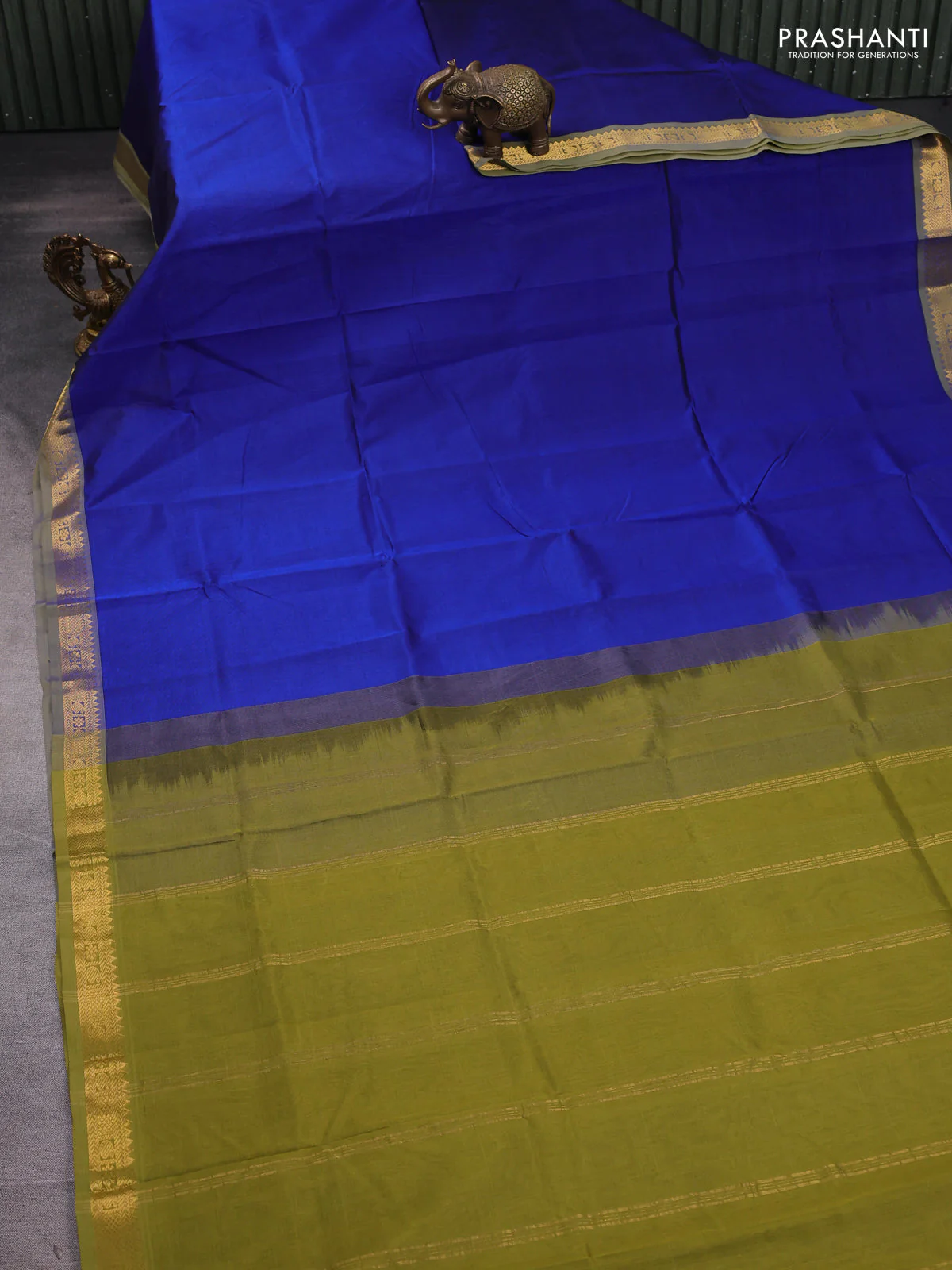 Silk cotton saree blue and mehendi green with plain body and zari woven border - Image 2