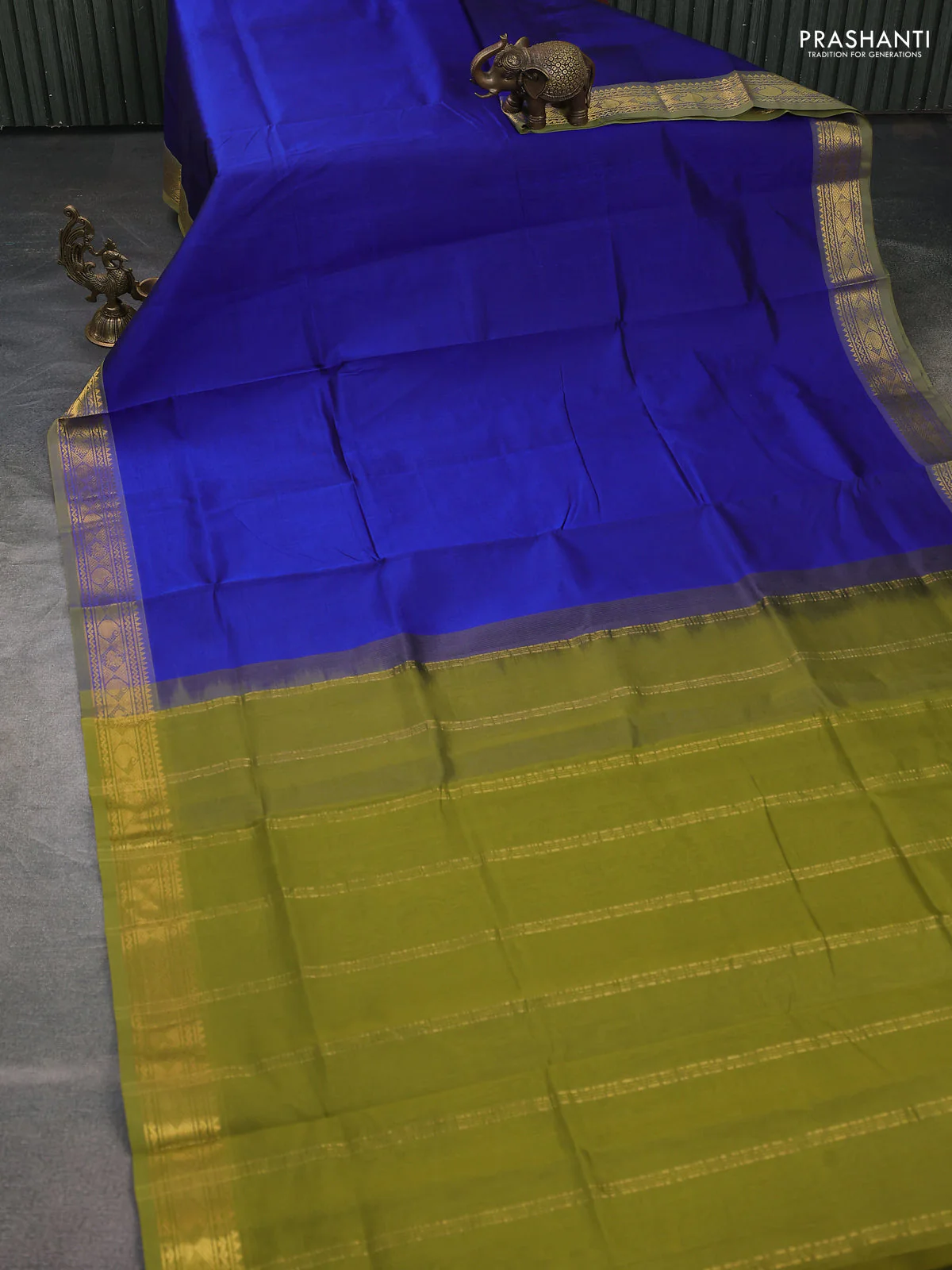 Silk cotton saree blue and mehendi green with plain body and zari woven border - Image 2