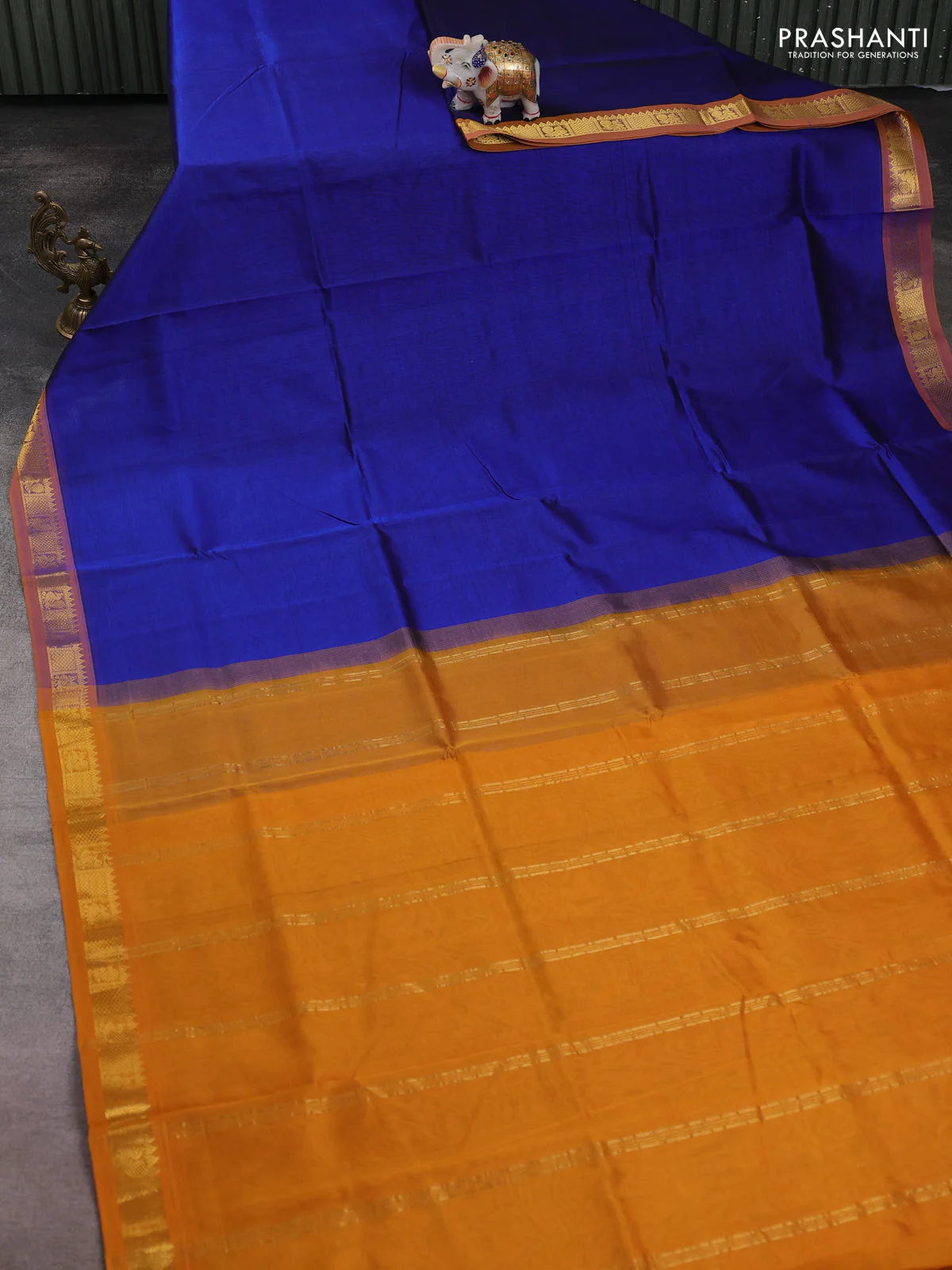Silk cotton saree blue and mustard yellow with plain body and zari woven border - Image 2