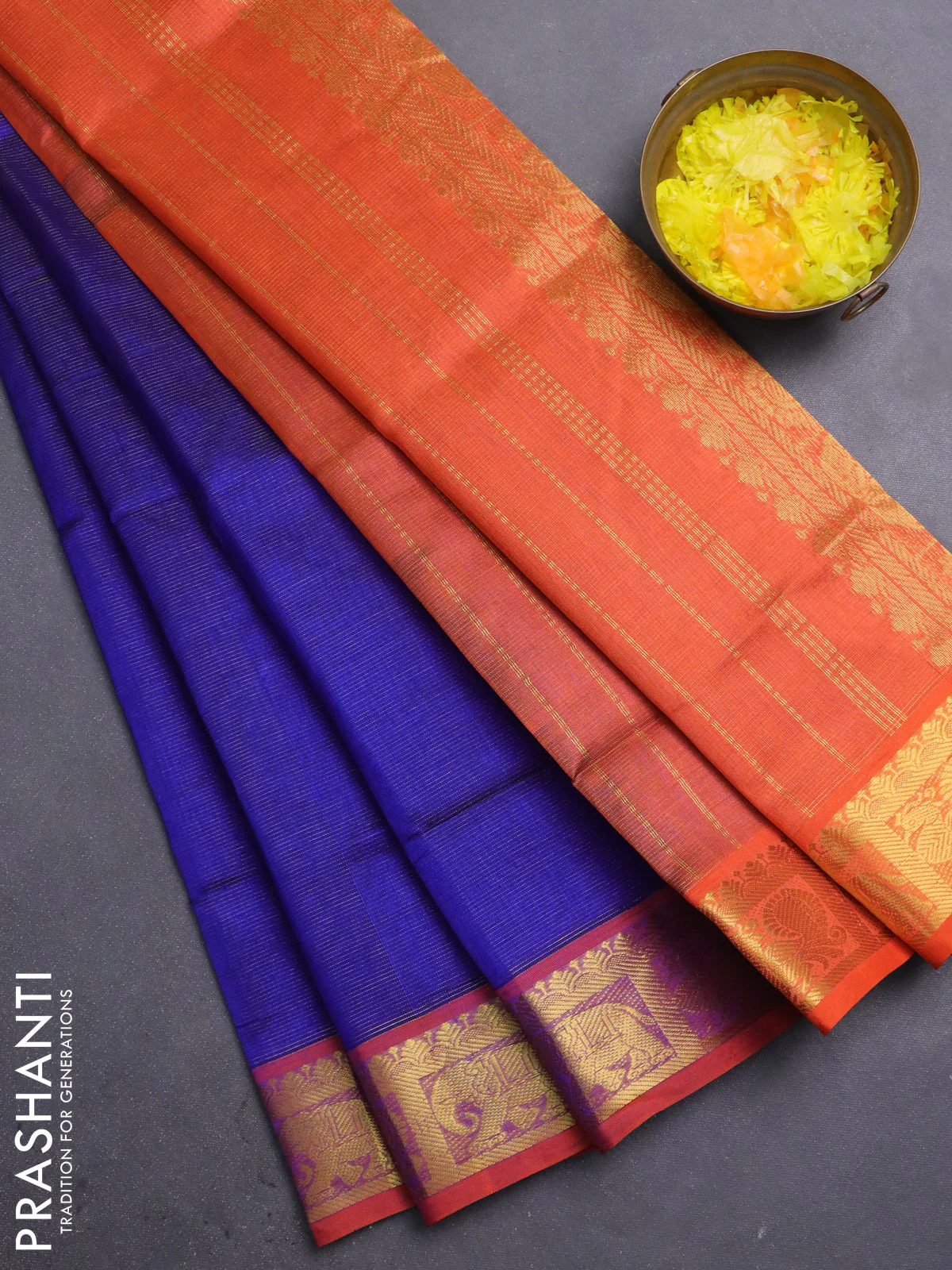 Silk cotton saree blue and orange with allover vairosi pattern and zari woven border