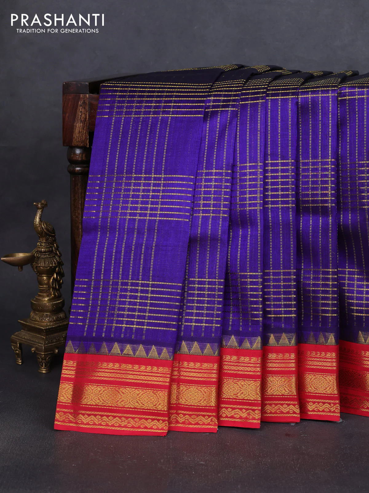 Silk cotton saree blue and red with allover zari woven checked pattern and zari woven korvai border