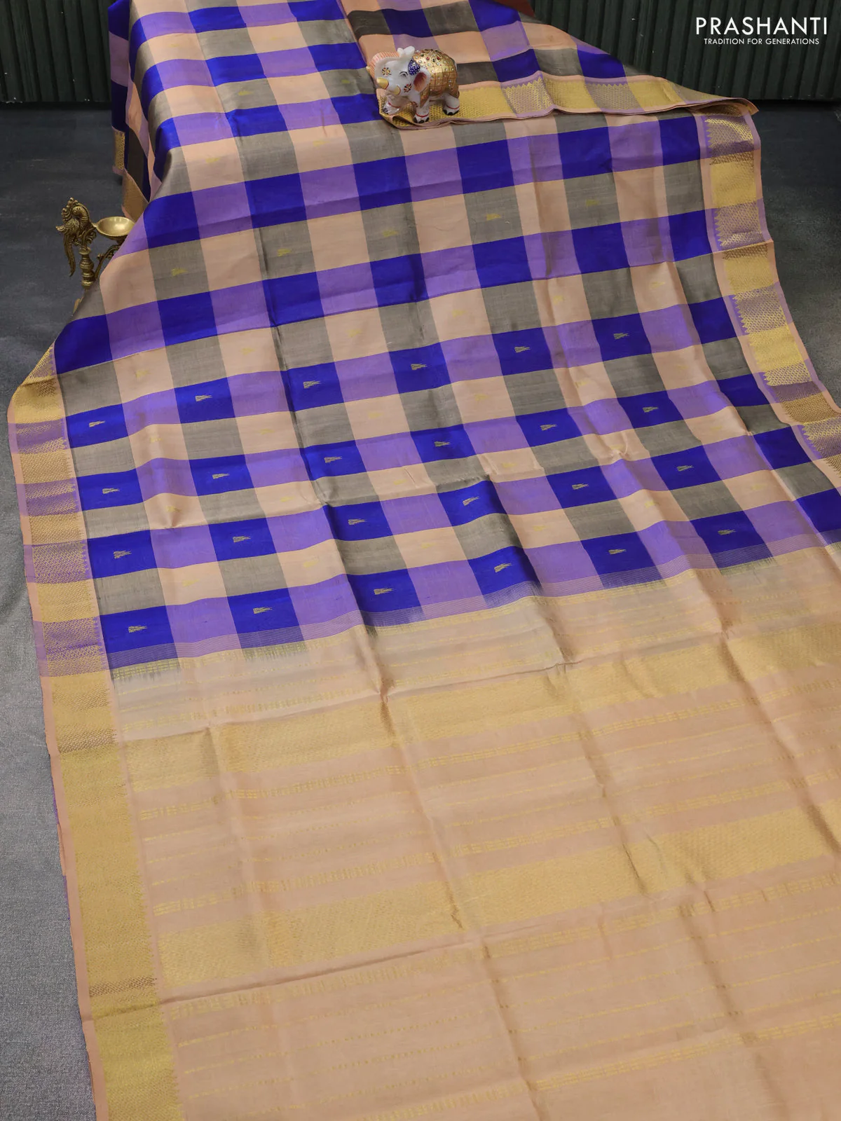 Silk cotton saree blue and sandal with allover paalum pazhamum checks & buttas and zari woven border - Image 2