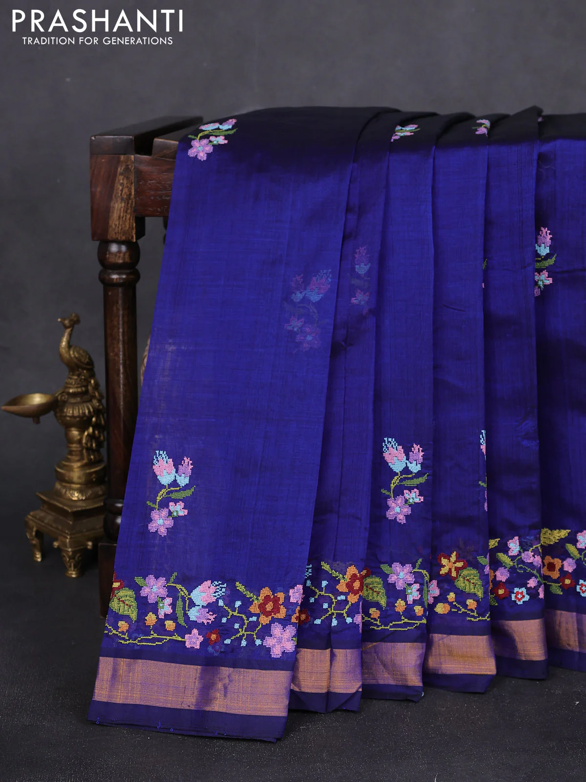 Silk cotton saree blue with floral embriodery and zari woven border - Image 2