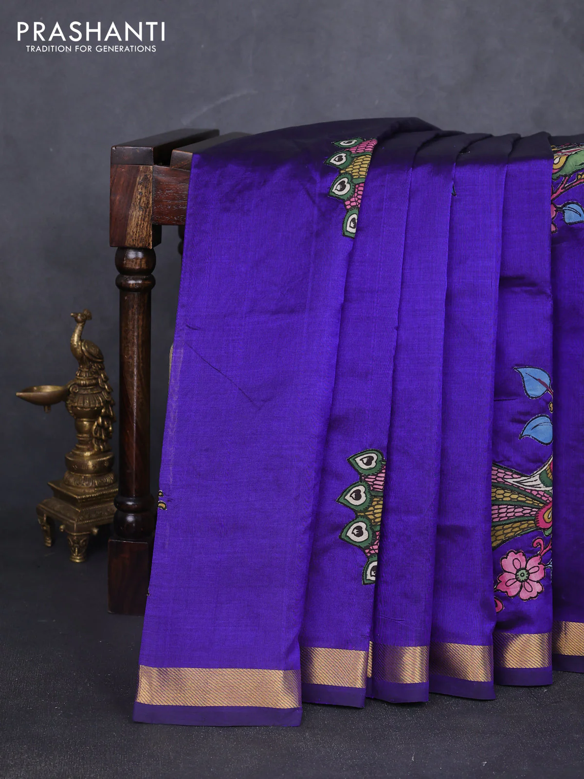 Silk cotton saree blue with kalamkari applique work in borderless style
