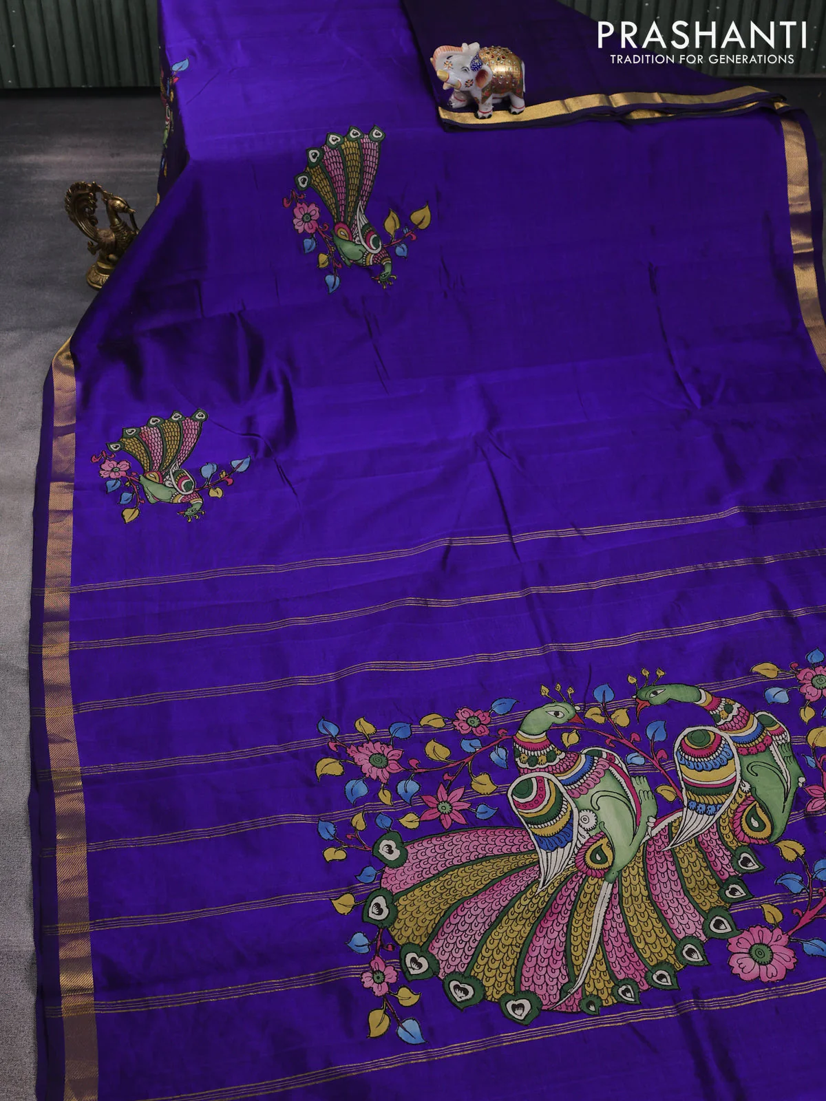 Silk cotton saree blue with kalamkari applique work in borderless style - Image 2