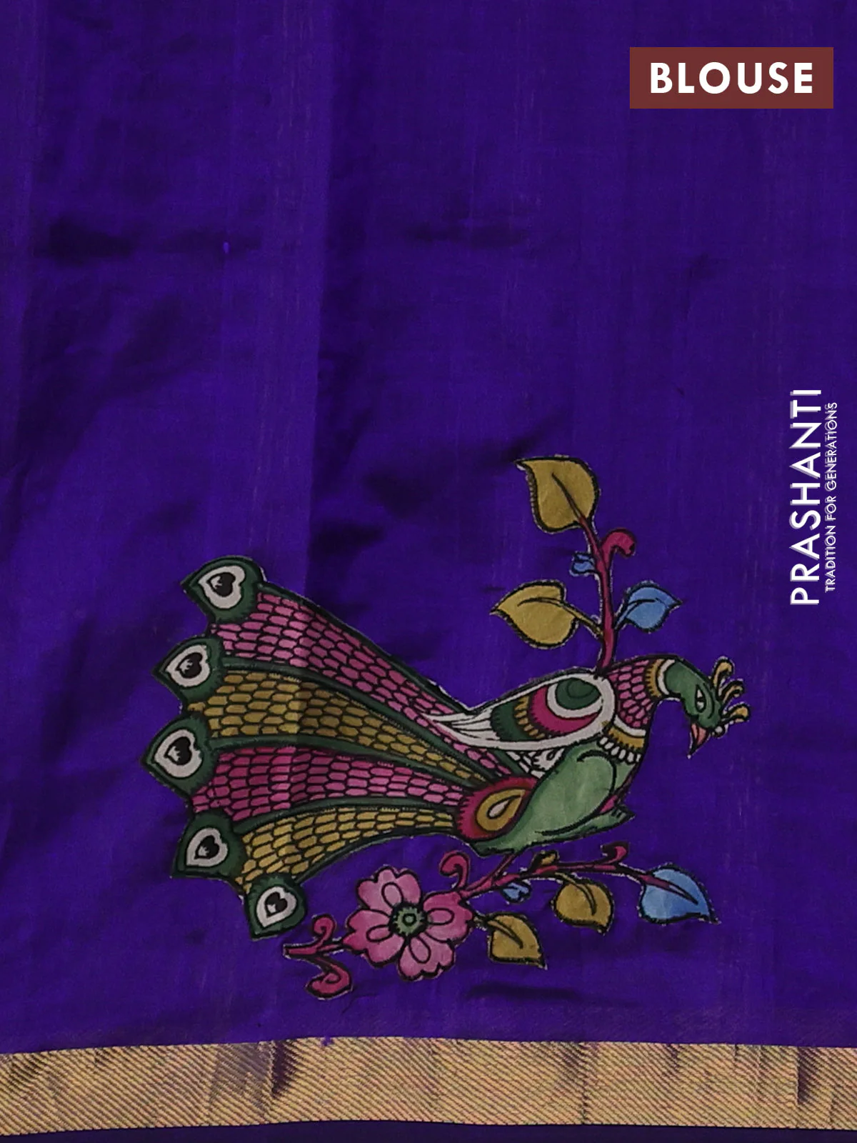 Silk cotton saree blue with kalamkari applique work in borderless style - Image 3