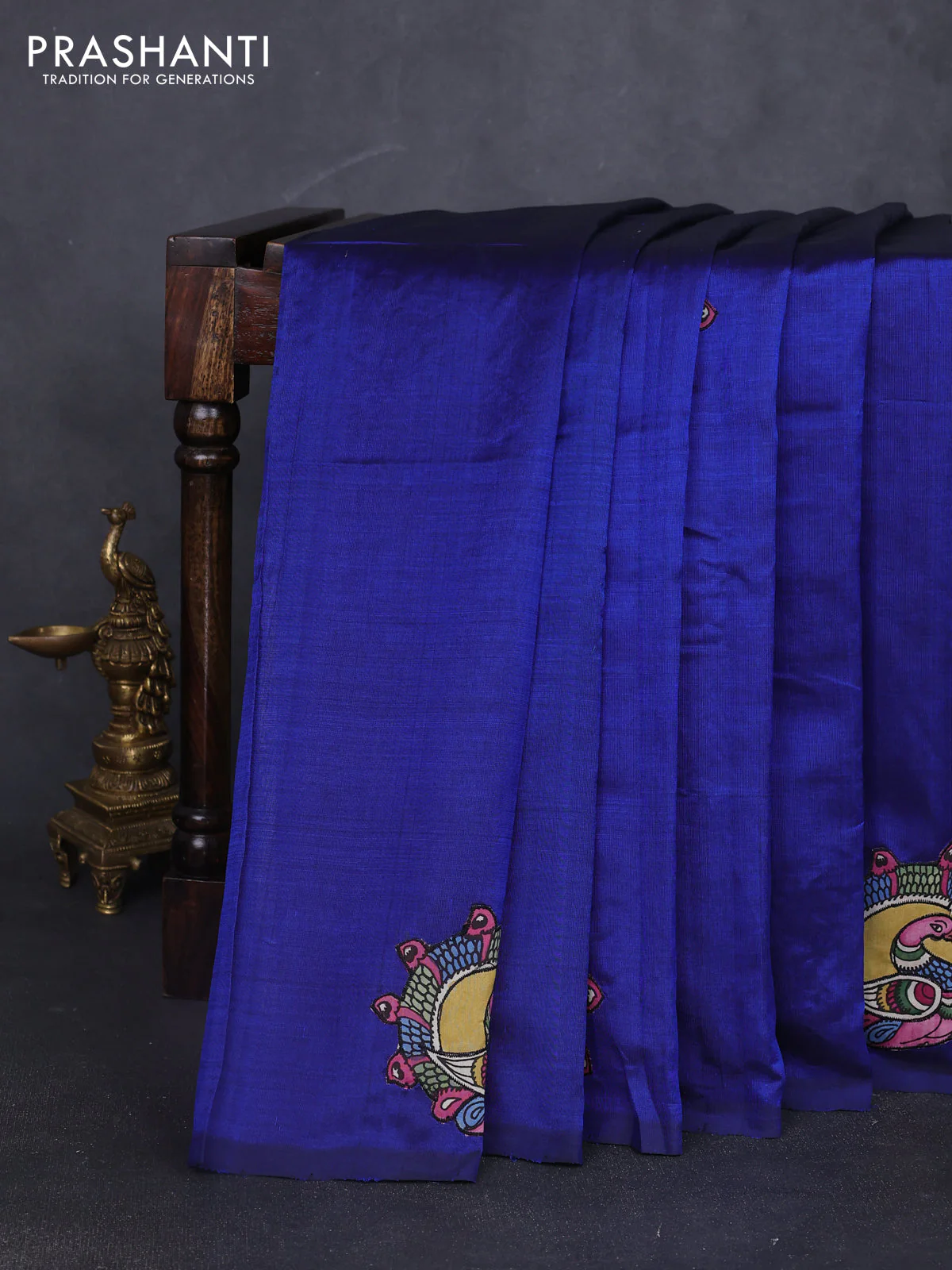 Silk cotton saree blue with kalamkari applique work in borderless style