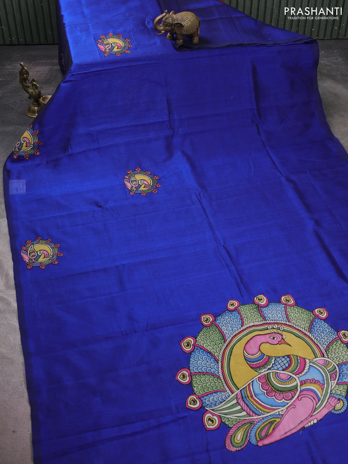 Silk cotton saree blue with kalamkari applique work in borderless style - Image 2