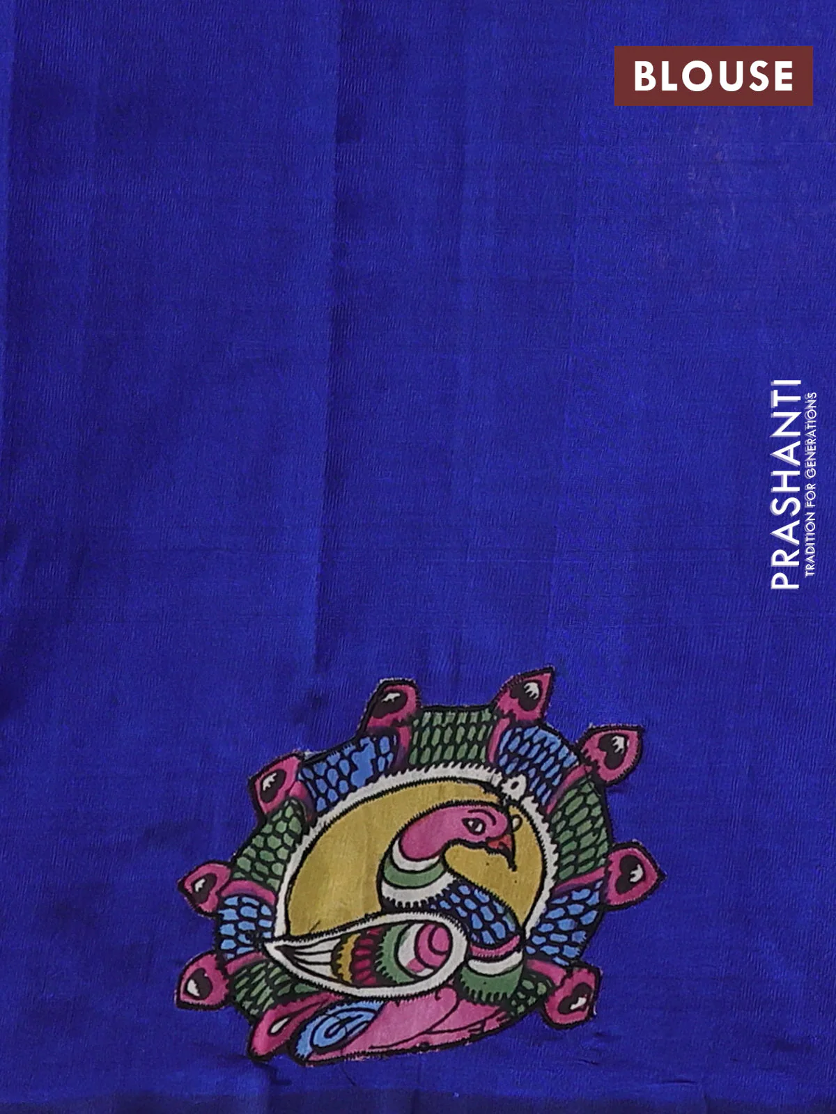 Silk cotton saree blue with kalamkari applique work in borderless style - Image 3