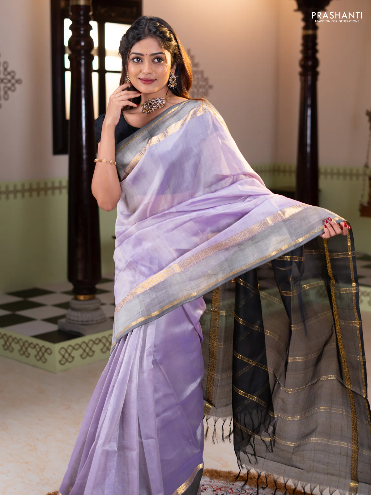 Silk cotton saree bluish grey and navy blue with plain body and zari woven border - Image 2