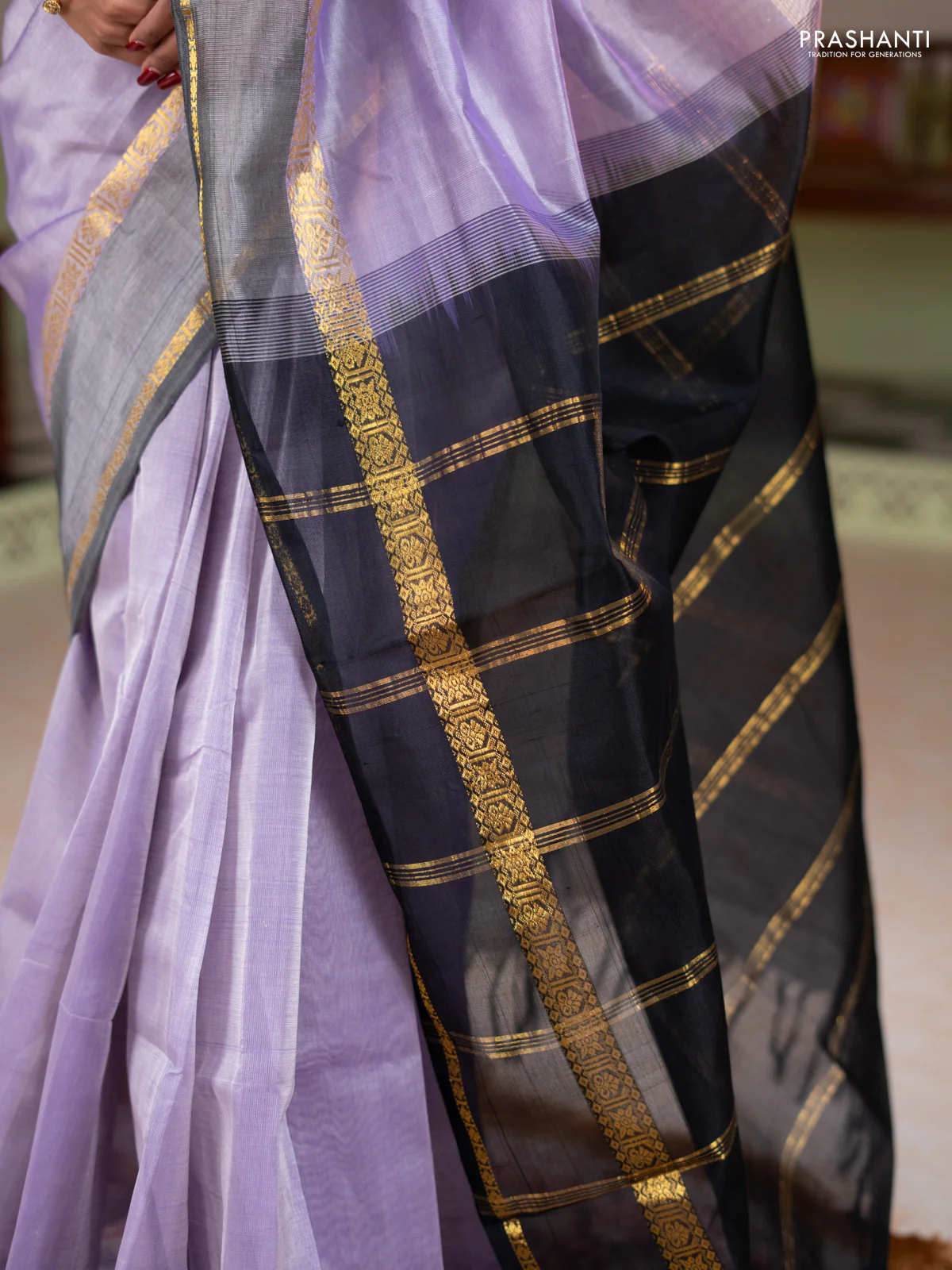 Silk cotton saree bluish grey and navy blue with plain body and zari woven border - Image 3